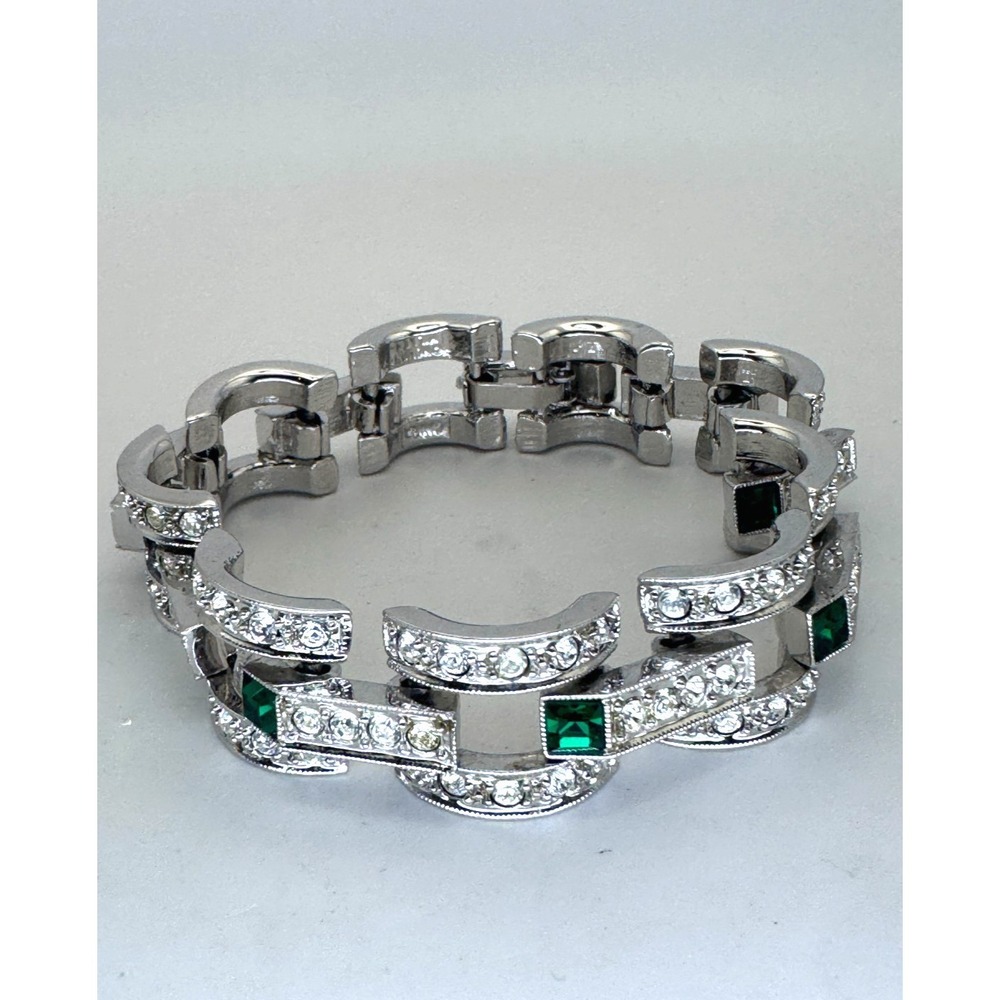 Vintage Nolan Miller Bracelet Silver Tone Crystal Rhinestone Emerald Link